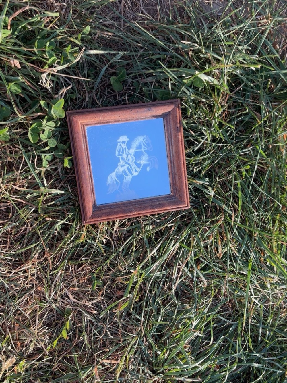 Framed Blue Equestrian Artwork with Brown Frame